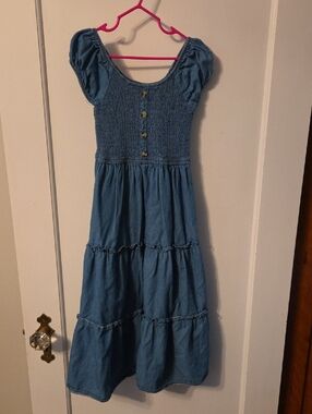 Girls Blue Smocked Puff-Sleeve Tiered Dress
